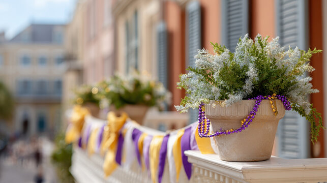 New orleans mardi gras balcony potted plants wrapped with purple and gold beads and ribbons for carnival decoration and street banner background