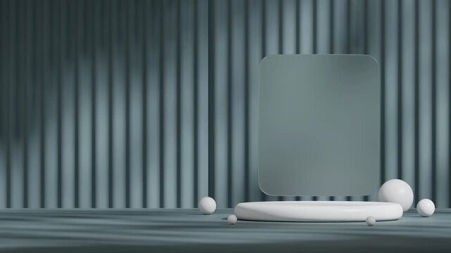 looping seamless shadow animation with rectangle glass and gray wall, 3d footage render empty mockup of white cylinder podium