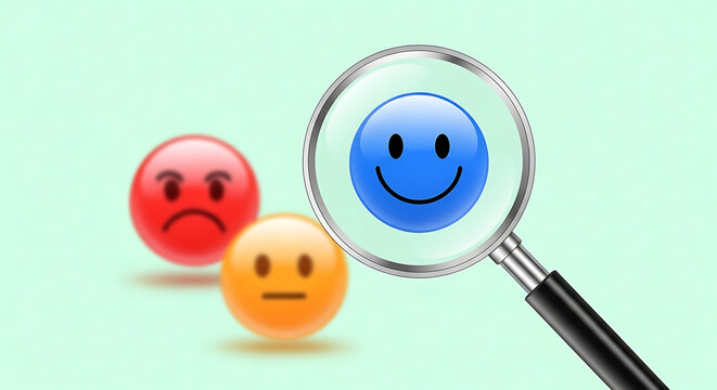 A magnifying glass focuses on a happy blue emoji face while other emotions remain blurred