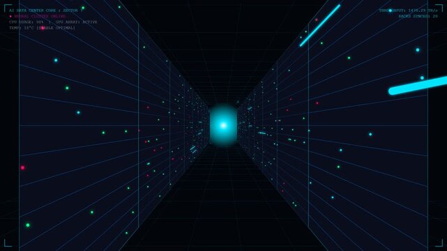 A 4K high-tech 3D animation of an endless AI data center corridor. Features towering server racks on both sides with blinking CPU/GPU LED lights, flowing data laser beams, a distant glowing AI core, a
