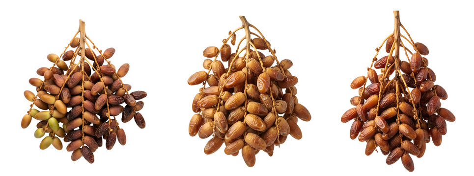 Three ripe brown date fruit clusters hanging from woody stems displayed in various angles for culinary healthy snack photography isolated against a clean on transparent background