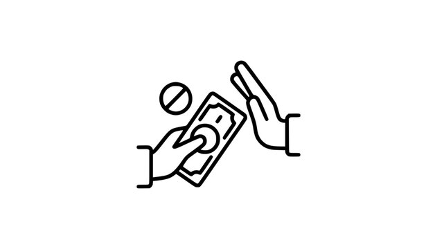Anti corruption icon featuring hand refusing bribe money cash bill with a stop sign gesture line illustration