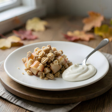 Apple oat crumble served with vanilla cream