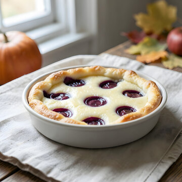 Plum clafoutis with a gently puffed edge