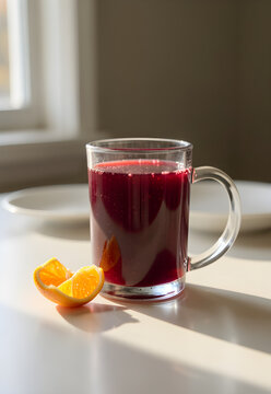 Warm cranberry drink with orange peel