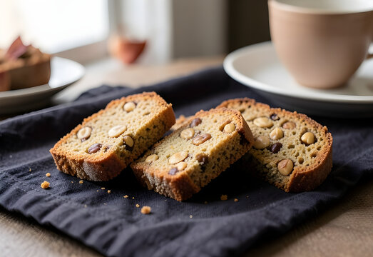 Hazelnut biscotti on a dark linen cloth