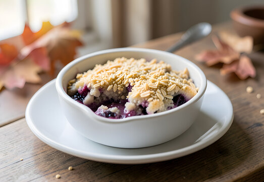 Plum crumble with a broken oat topping
