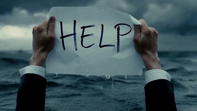 Hands holding a "HELP" sign, which is part of a conceptual stock photo depicting someone struggling or sinking in water. Hands in a suit holding a paper sign that says HELP emerging from stormy sea 