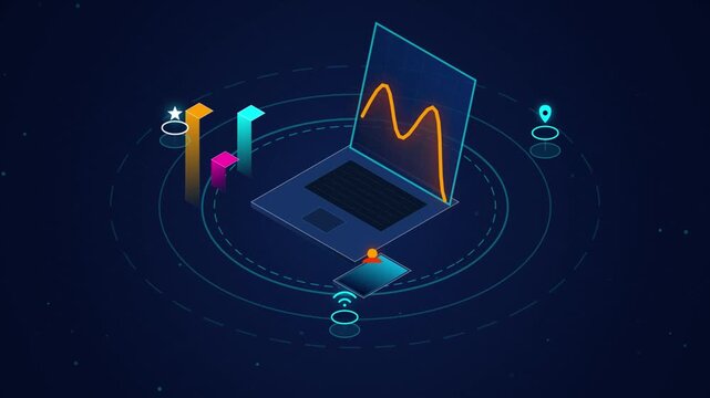 Isometric laptop with data visualization charts and digital connection icons on a dark blue tech background business charts digital analytics data analysis marketing