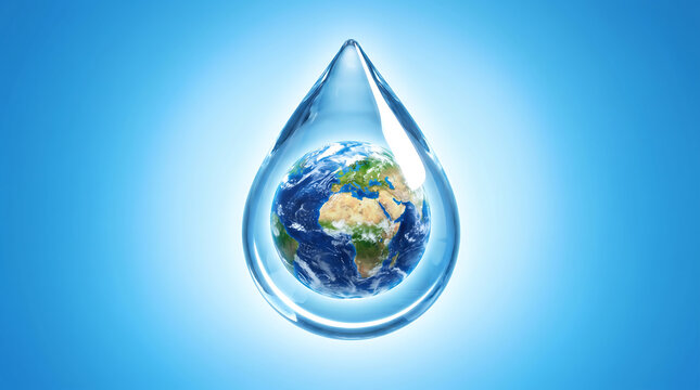 A crystal clear water drop capturing the entire planet earth inside its bright liquid center
