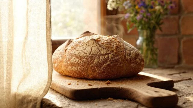 Artisan Bread on a Cutting Board: A rustic, golden-brown loaf of artisan bread rests on a wooden cutting board, bathed in soft window light, next to a vase of wildflowers.
