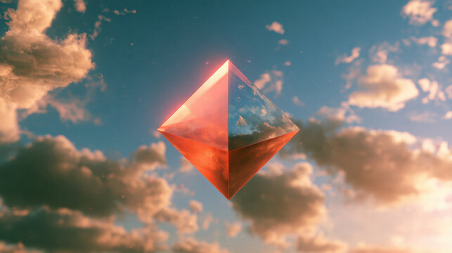 Abstract crystal octahedron floating sky clouds sunset geometric futuristic technology digital art concept glass reflection dreamy