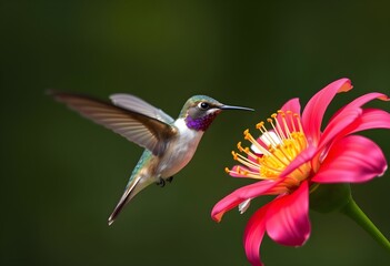 Obraz premium Hummingbird in Flight Near a Pink Flower