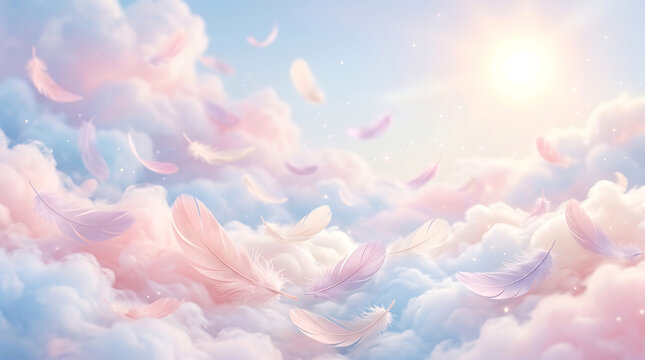Delicate soft feathers drift through bright morning light in this ethereal and dreamy artistic conceptual photo