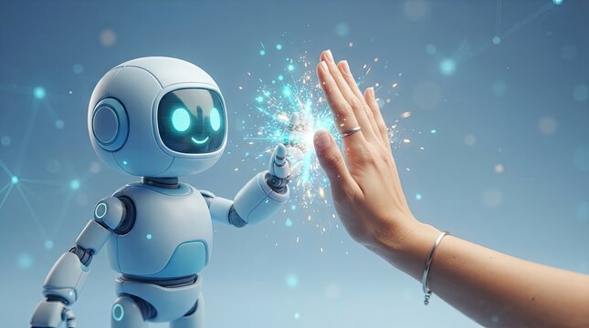 Cute white robot giving high five to human hand with glowing sparkles on blue background, AI and human collaboration concept