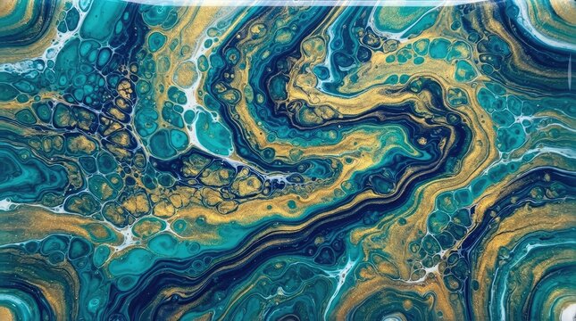 Abstract fluid art marble swirls in teal blue and gold with cells, acrylic pour painting texture background