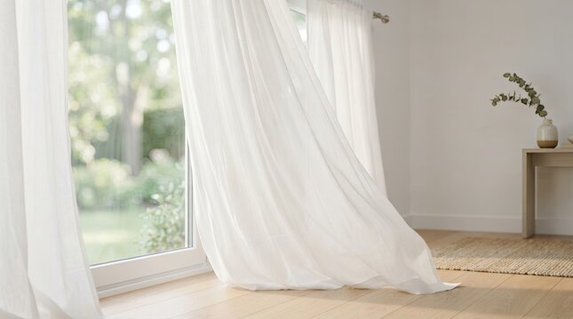 White sheer curtains blowing in the breeze by open window in bright minimalist room with wooden floor