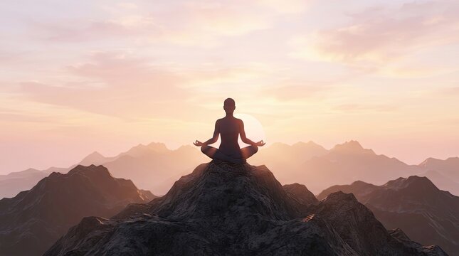 Silhouette of person meditating in lotus pose on mountain peak at sunset with pink sky, peaceful yoga and mindfulness concept