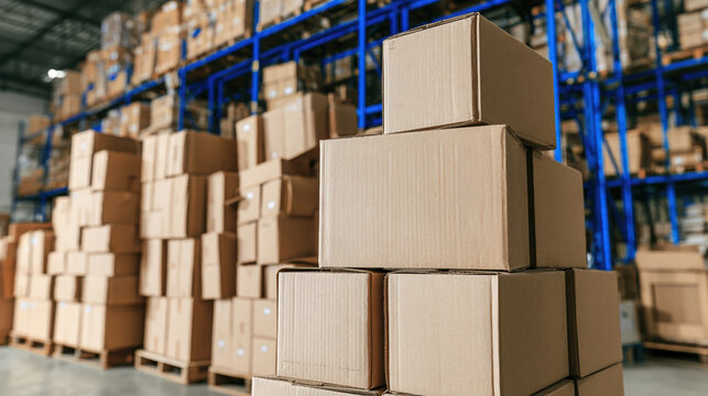 Cardboard boxes warehouse storage stack pile shipping delivery logistics distribution shelves blurred background industrial packaging commercial