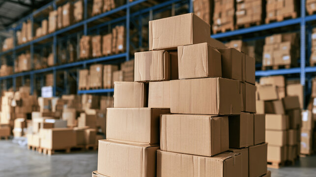 Cardboard boxes warehouse storage stack pile shipping delivery logistics distribution shelves blurred background industrial packaging commercial
