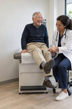 Laughing senior asian man sitting on exam table while female doctor checks knee reflex with hammer in clinic