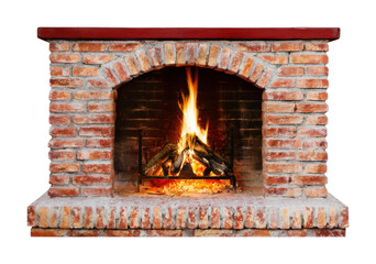 Fototapeta premium PNG Rustic brick fireplace with glowing fire on white background