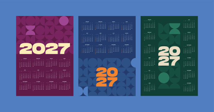 Set of 3 modern 2027 wall calendar poster templates with abstract geometric retro patterns and bold typography