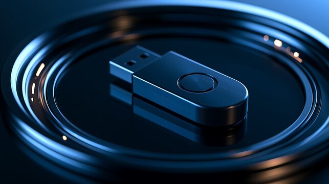 Modern blue metallic USB flash drive resting on reflective circular platform surface