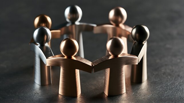 Minimalist metal figures holding hands in circle representing unity and teamwork on dark background