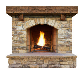 Fototapeta premium PNG Rustic stone fireplace with glowing fire and wooden mantel