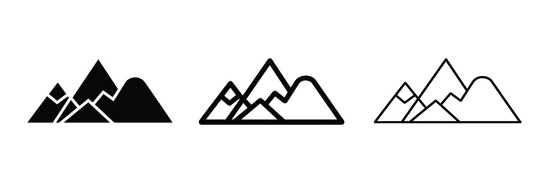 Mountain peaks icon in solid outline thin line styles mountain landscape
