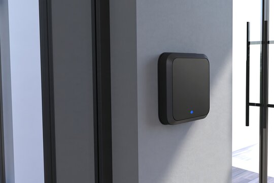 RFID access control reader with blue LED beside a glass entrance door, smart building security concept for keyless entry, visitor management and restricted area access