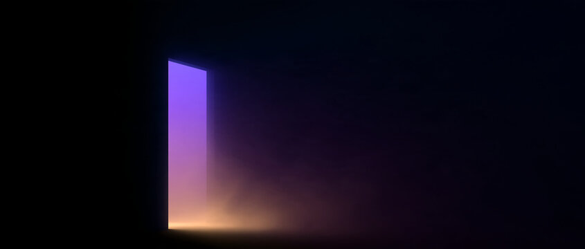 Open door in a dark room with glowing purple and orange light. Cinematic smoke and fog spilling through the doorway. Mystery and transition concept