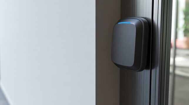 Black RFID card reader with blue status light installed at a modern entrance, keyless access concept for workplace security, smart buildings and electronic entry management