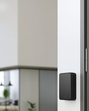 Wall-mounted RFID access reader beside a modern office door with blue indicator light, electronic security concept for employee authentication and controlled workplace entry