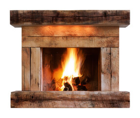 Fototapeta premium PNG Rustic wooden fireplace with warm glowing flames and logs