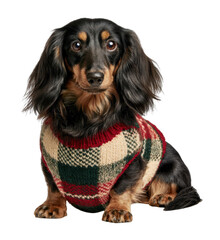 Obraz premium PNG Long-haired dachshund wearing cozy plaid sweater portrait