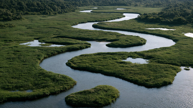 Wide aerial view of river delta wetlands crisscrossed by natural channels and oxbow lakes, lush reed beds interrupted by shallow pools, migratory bird habitat mapping, coastal
