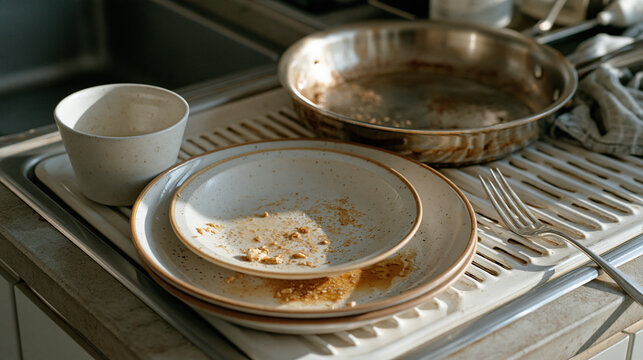 Overhead of a kitchen drain board with only two plates, one cup, and a single pan drying after a minimal meal, intentional consumption, low waste habit, simple cooking lifestyle,