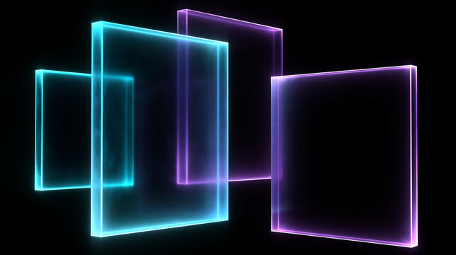 Futuristic glowing neon glass panels with cyan and purple light borders. 3D transparent display frames on black background. For presentation templates, UI banners, and digital screen backdrops
