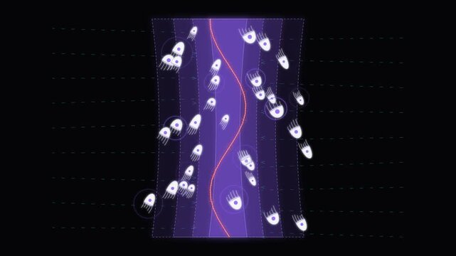 Abstract scientific illustration of microscopic cells and DNA strand on dark background