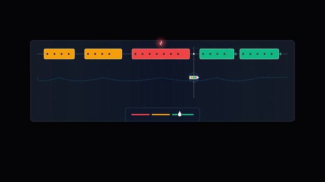 Digital audio editing interface with colorful tracks and timeline on dark background
