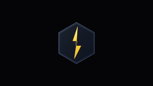 Yellow lightning bolt symbol inside a dark hexagon shape on black background