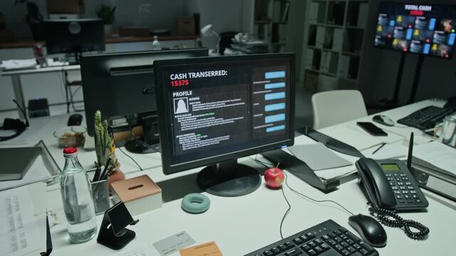 Computer monitor displaying active financial cyberattack and fraudulent cash transfer on office desk. Clip suitable for cybersecurity, online fraud, and banking safety campaigns