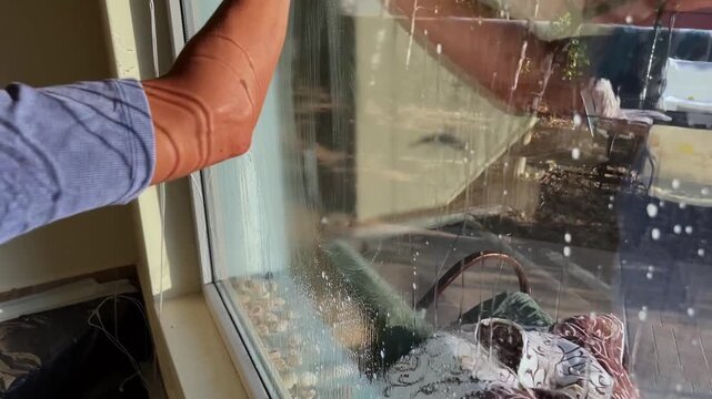 Woman washing a dirty window at home with cleaning tools and a cloth, highlighting domestic work, hygiene, routine maintenance and a spotless living space. High quality FullHD footage