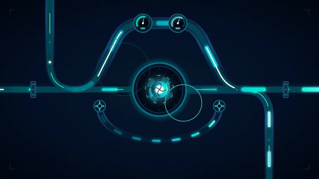 Industrial interface animation featuring pressurized chemical fluid flowing through glowing conduits with digital gauges and a central turbine reactor core on a dark grid background.