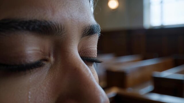 Grieving South Asian woman letting tear trail down cheek, blinking and closing eyes in chapel pews
