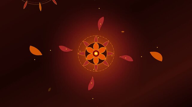 4K animated batik floral pattern featuring stylized orange flowers and floating autumn leaves on a warm dark gradient background with traditional Indonesian design influences.