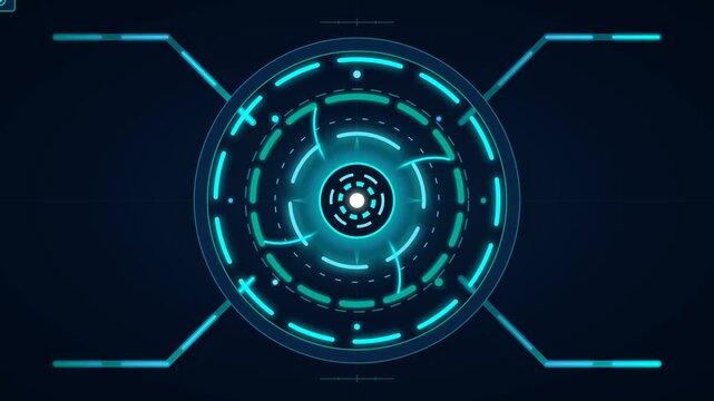Futuristic HUD interface of high-pressure reactor fluid cyclone with glowing blue circular UI elements, rotating rings, and digital data visualization in 4K resolution animation.