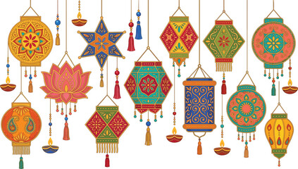 Colorful Diwali Hanging Lantern Collection with Decorative Diyas, Lotus Motifs, Mandala Patterns, Tassels and Traditional Indian Festival Ornaments © Jannatun